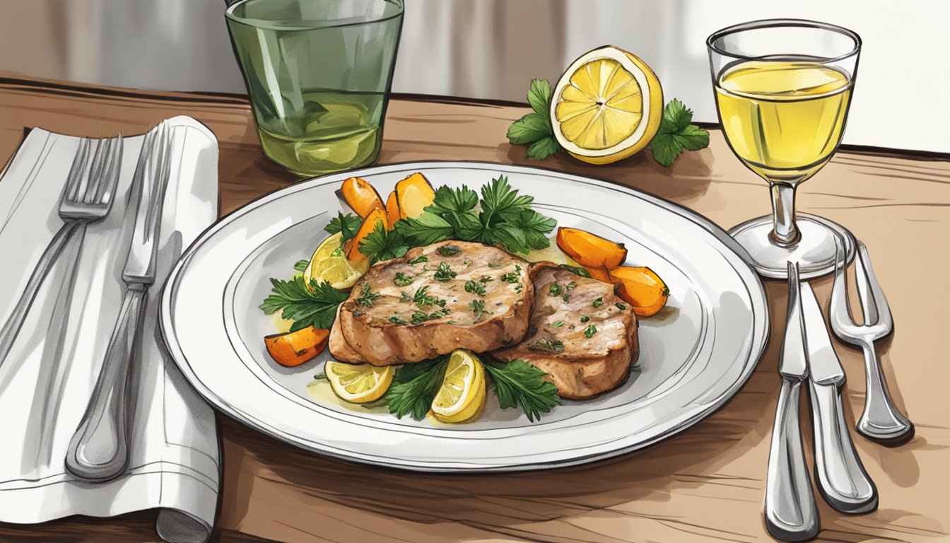 A plate of veal scallopini with lemon slices and fresh herbs, accompanied by a side of roasted vegetables and a glass of white wine