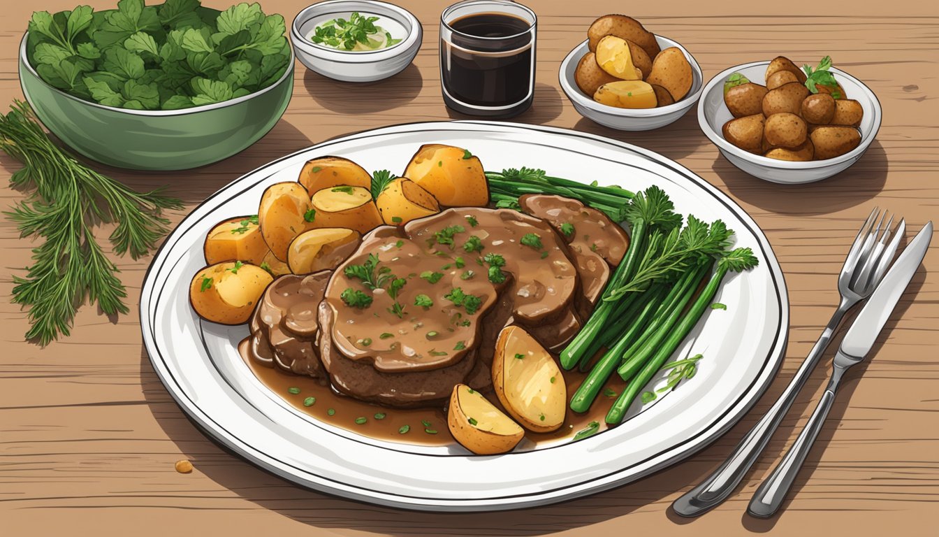 A plate of veal marsala with a side of roasted potatoes and steamed vegetables, garnished with fresh herbs and a drizzle of rich, savory sauce