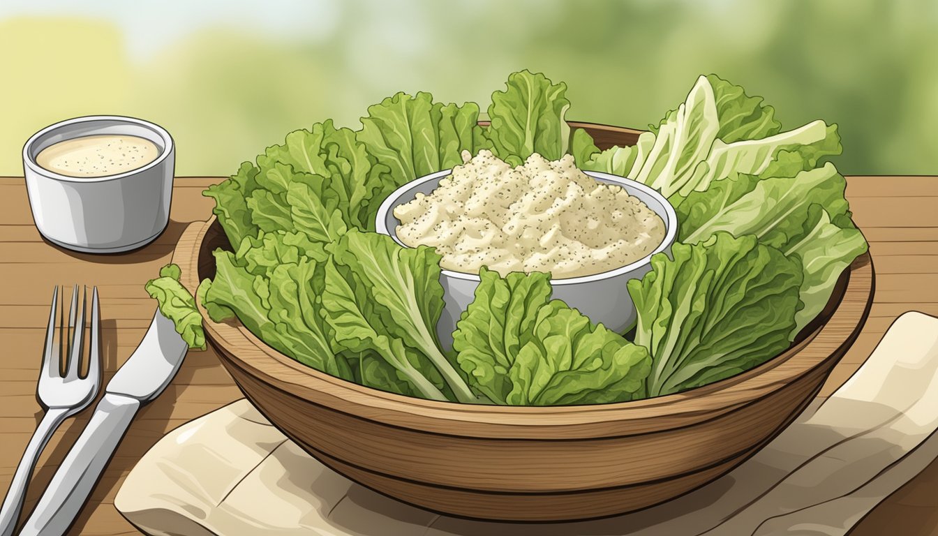 A wooden bowl filled with romaine lettuce, croutons, parmesan cheese, and Caesar dressing, with a fork resting on the side