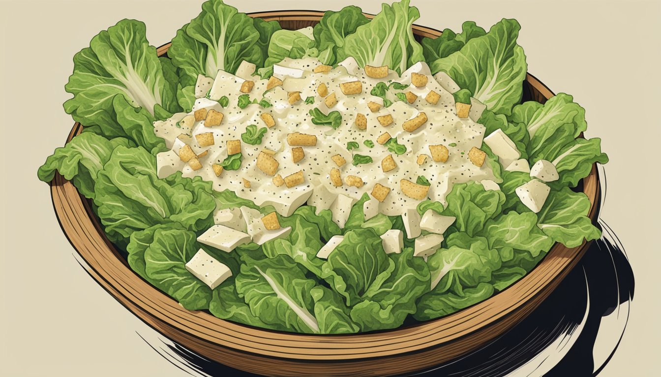 A wooden bowl filled with romaine lettuce, croutons, and parmesan cheese. A person drizzles creamy Caesar dressing over the salad