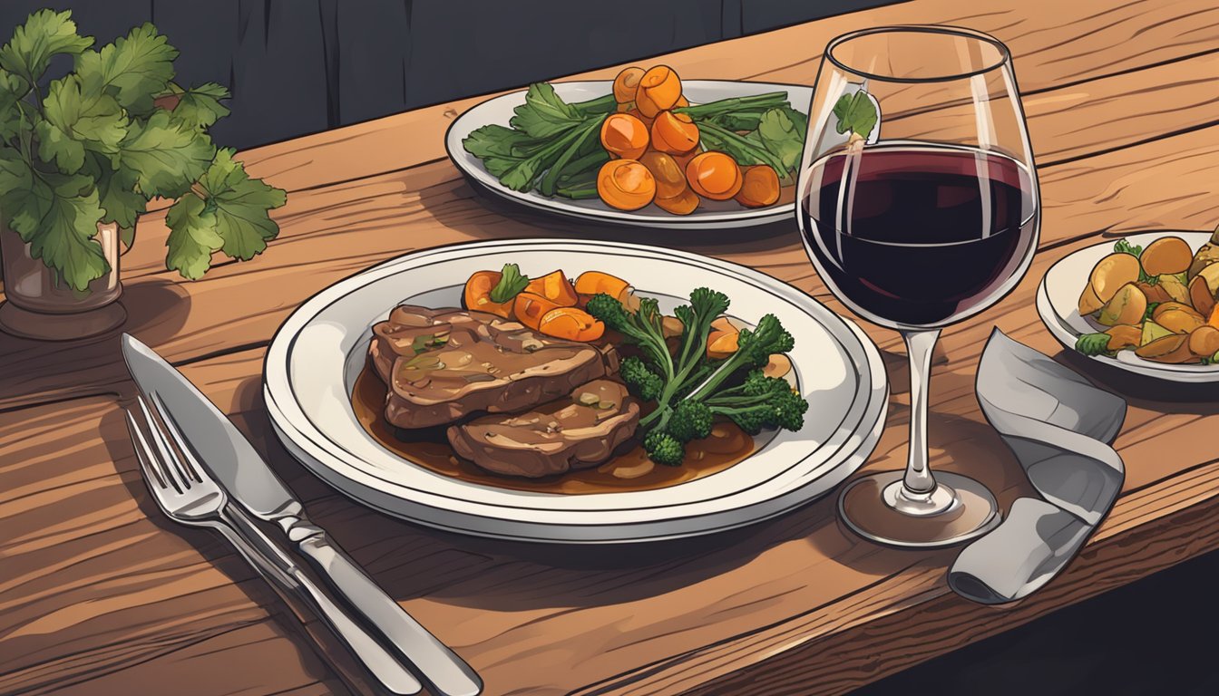 A plate of veal marsala with a side of roasted vegetables and a glass of red wine on a wooden table