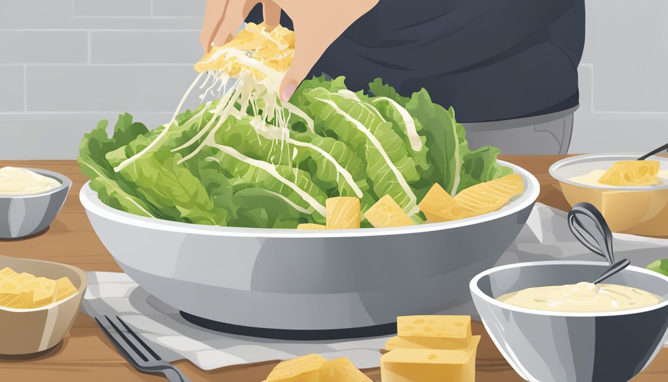 A caesar salad being assembled with lettuce, croutons, parmesan cheese, and dressing being drizzled over the top