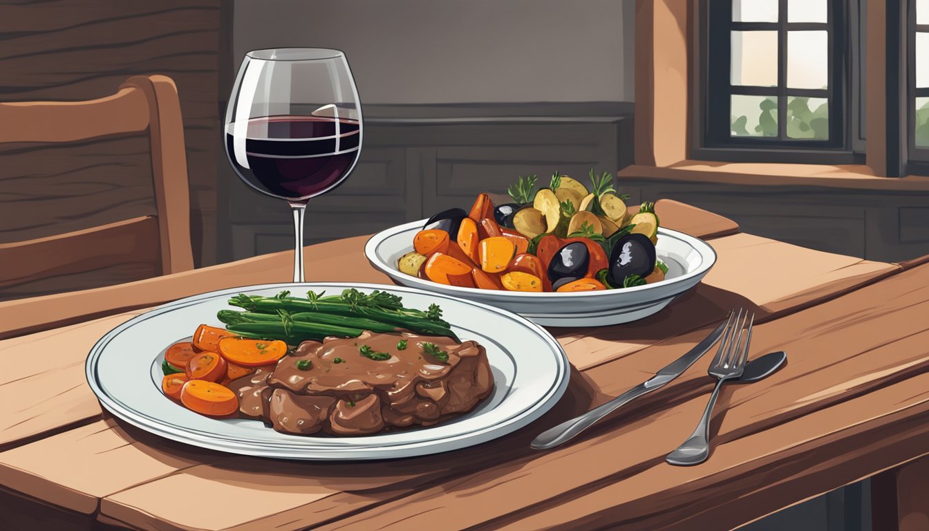 A plate of veal marsala with a side of roasted vegetables and a glass of red wine on a wooden dining table