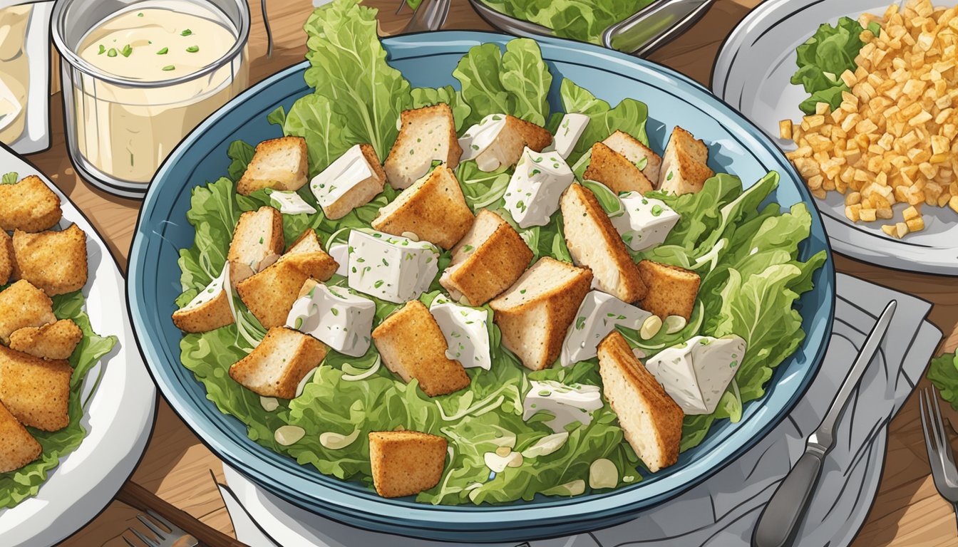 A caesar salad is arranged in a large bowl, with crisp lettuce, croutons, parmesan cheese, and grilled chicken, all drizzled with creamy dressing