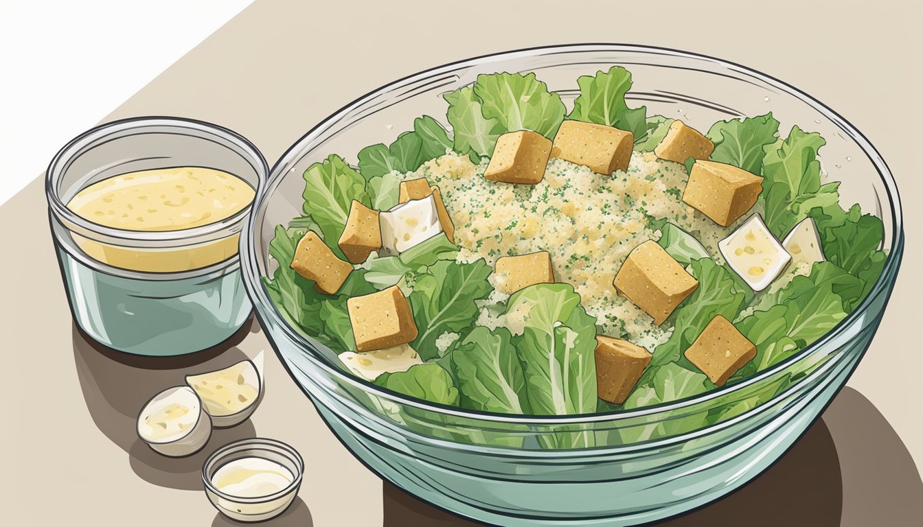 A prepped Caesar salad in a glass bowl, with separate containers of dressing, croutons, and grated Parmesan cheese on the side