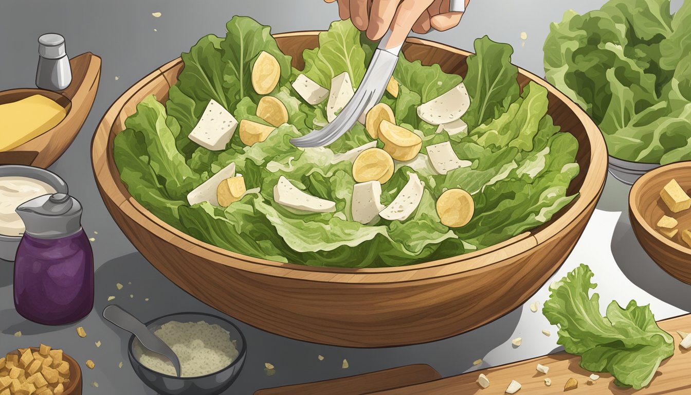 A caesar salad is being tossed in a large wooden bowl, with fresh romaine lettuce, croutons, parmesan cheese, and creamy dressing being mixed together