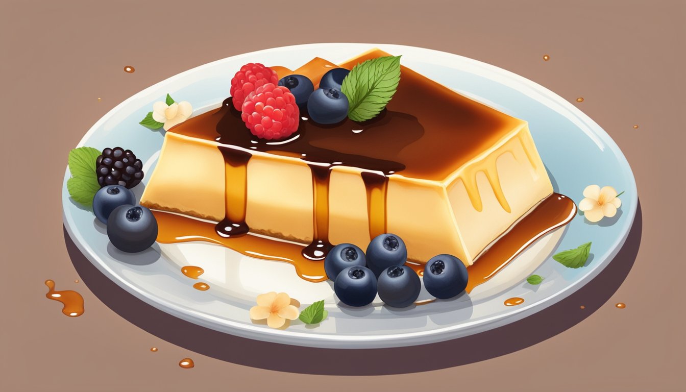 A slice of flan on a delicate plate, surrounded by a drizzle of caramel sauce and a garnish of fresh berries