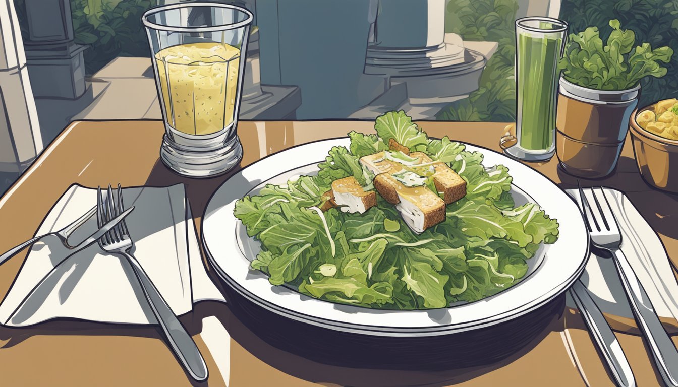 A caesar salad being eaten with a fork at a well-lit dining table