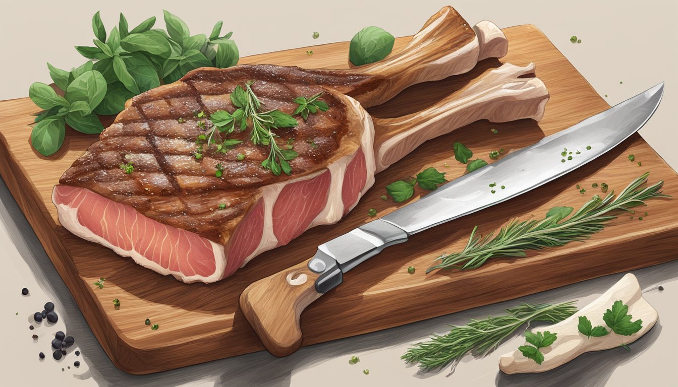 A veal chop resting on a cutting board with fresh herbs and seasonings scattered around, a sharp knife nearby