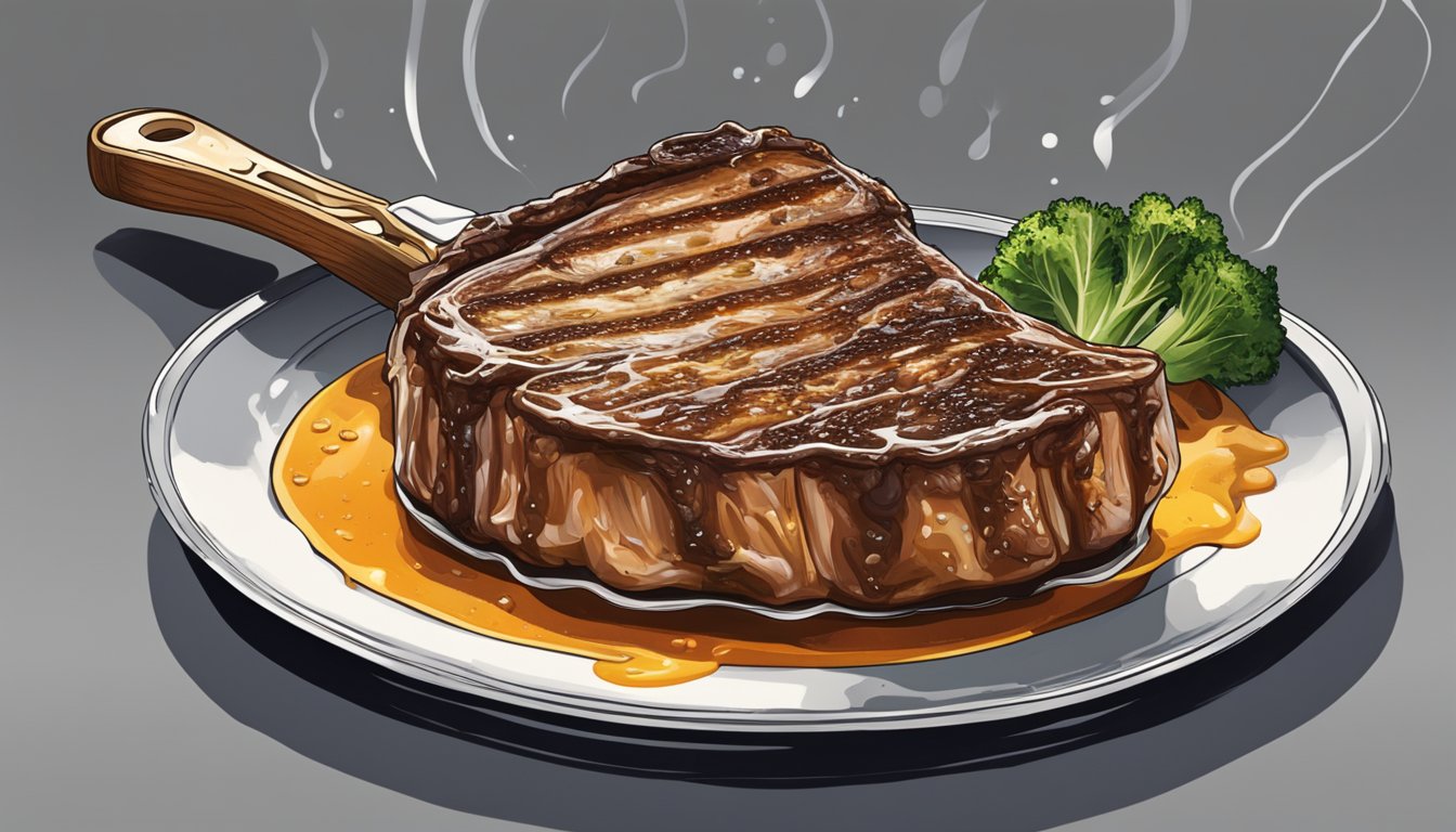 A veal chop on a sizzling grill, juices bubbling as it cooks to perfection