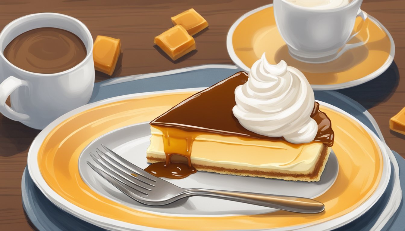 A slice of flan sits on a white plate, surrounded by caramel sauce and a dollop of whipped cream. A fork rests nearby