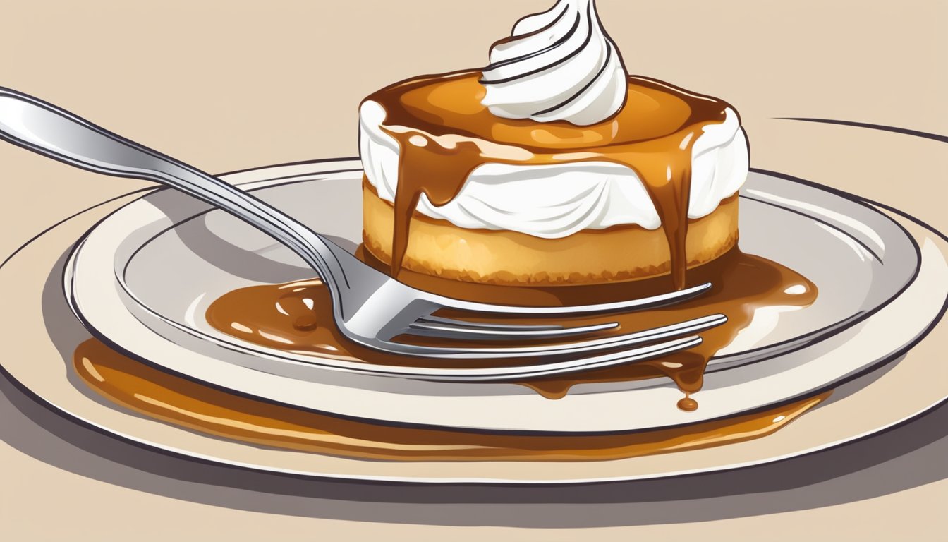 A caramel flan sits on a white plate, surrounded by a drizzle of caramel sauce and a dollop of whipped cream. A fork is poised to take a bite