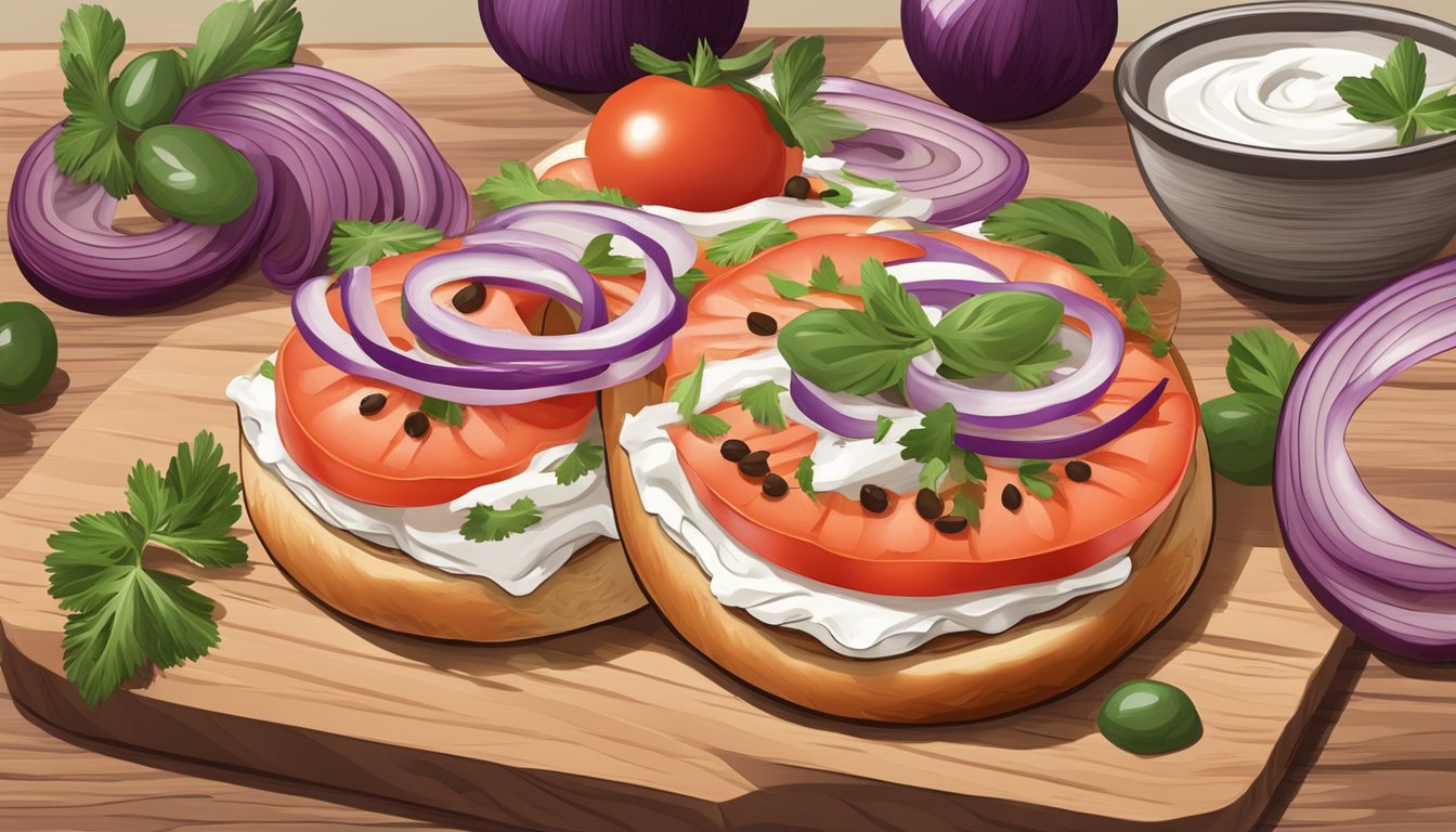 A bagel topped with cream cheese and lox, accompanied by sliced tomatoes, red onions, and capers, on a wooden cutting board