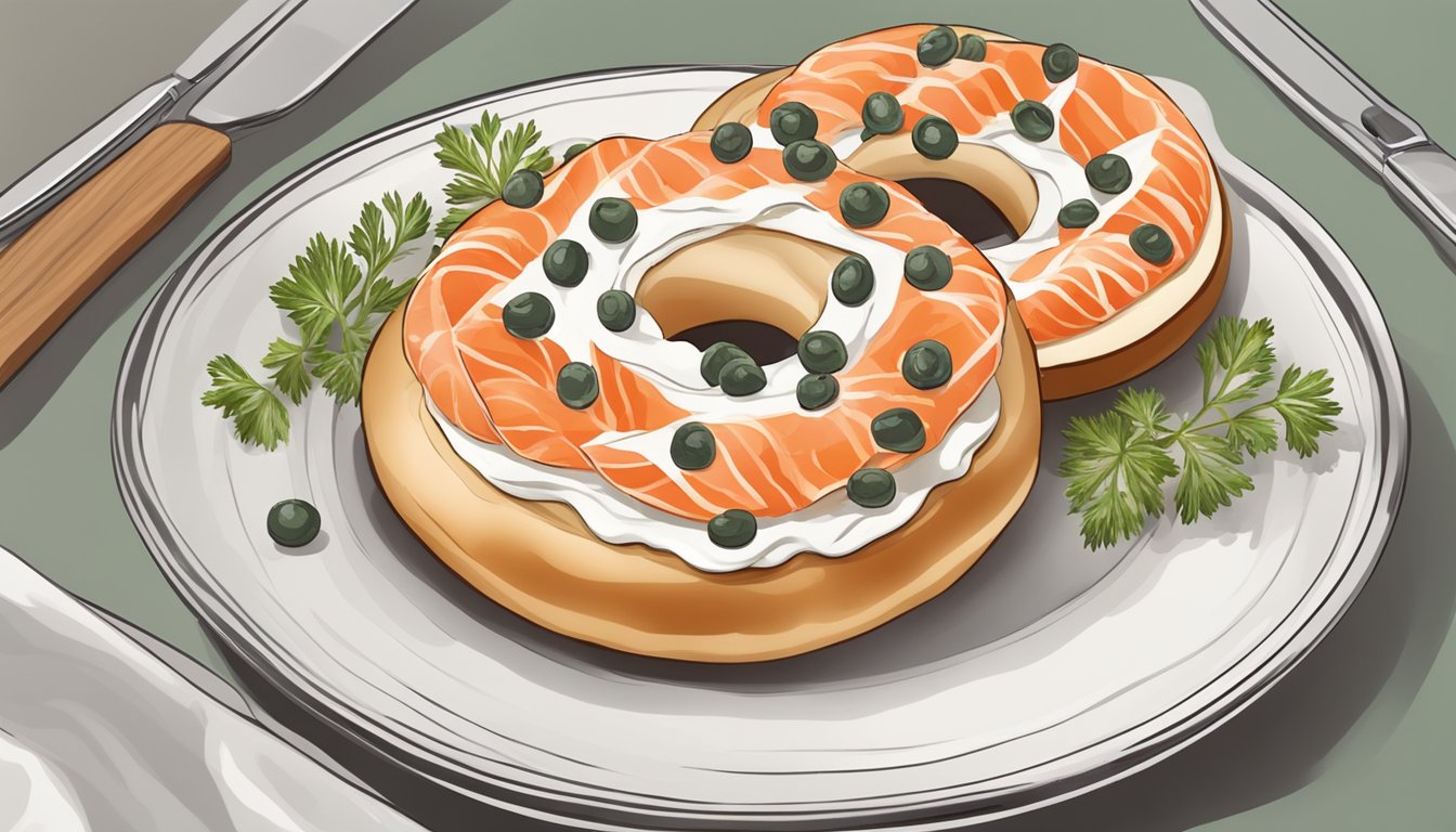 A bagel topped with cream cheese, smoked salmon, and capers on a plate