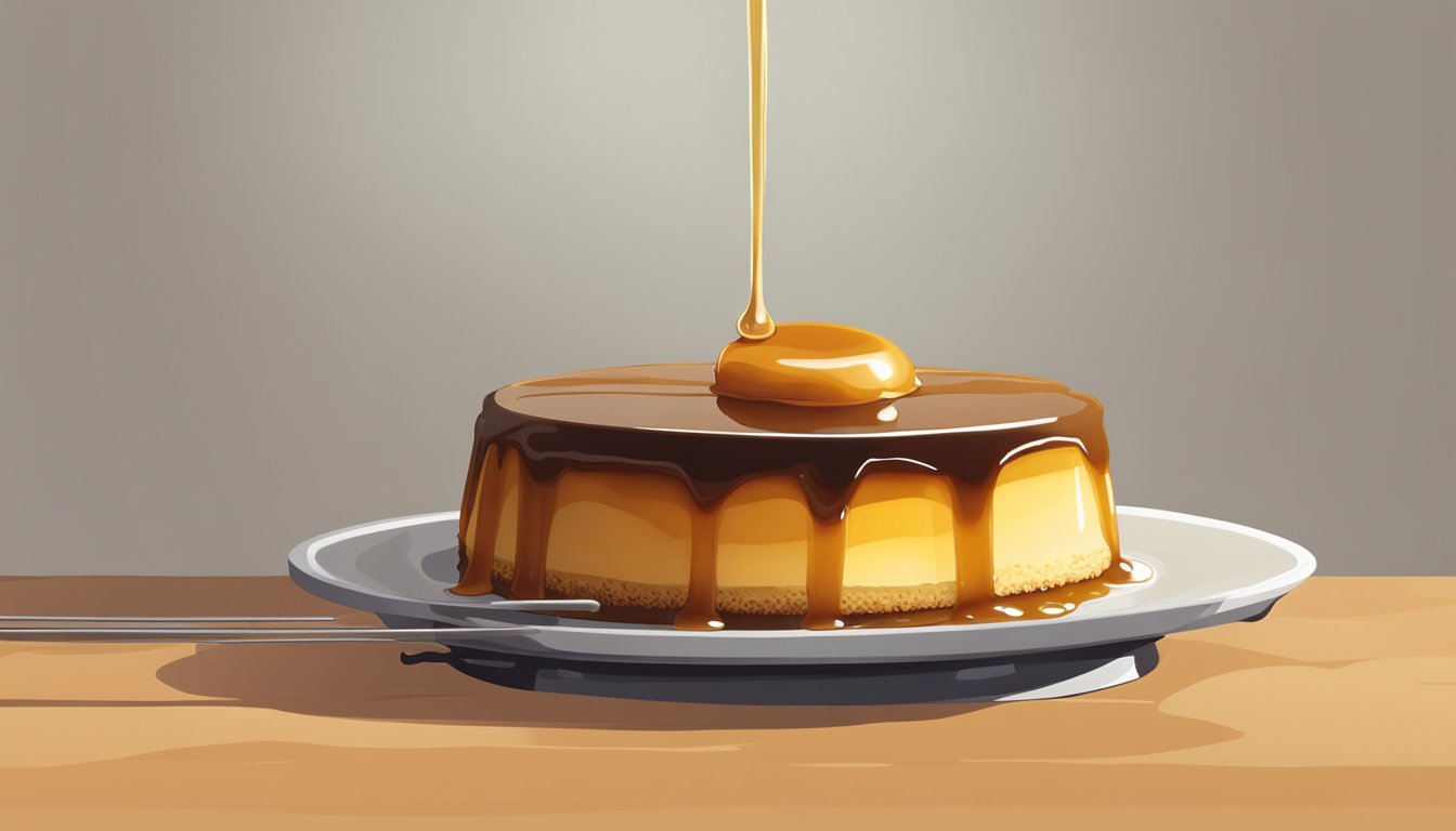 A flan sits in a golden-brown crust, cooling on a wire rack. A dollop of caramel sauce drizzles down the side