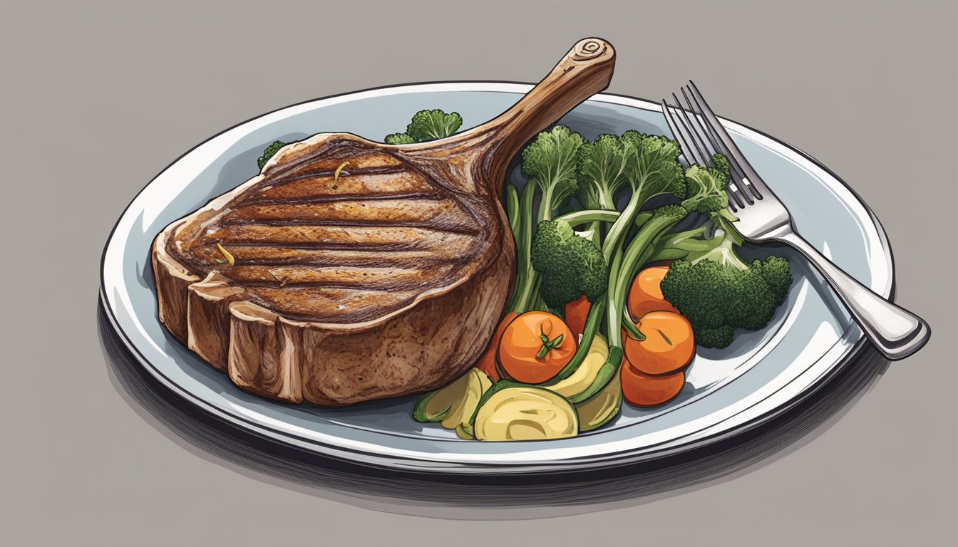 A veal chop on a plate with a side of vegetables and a fork next to it