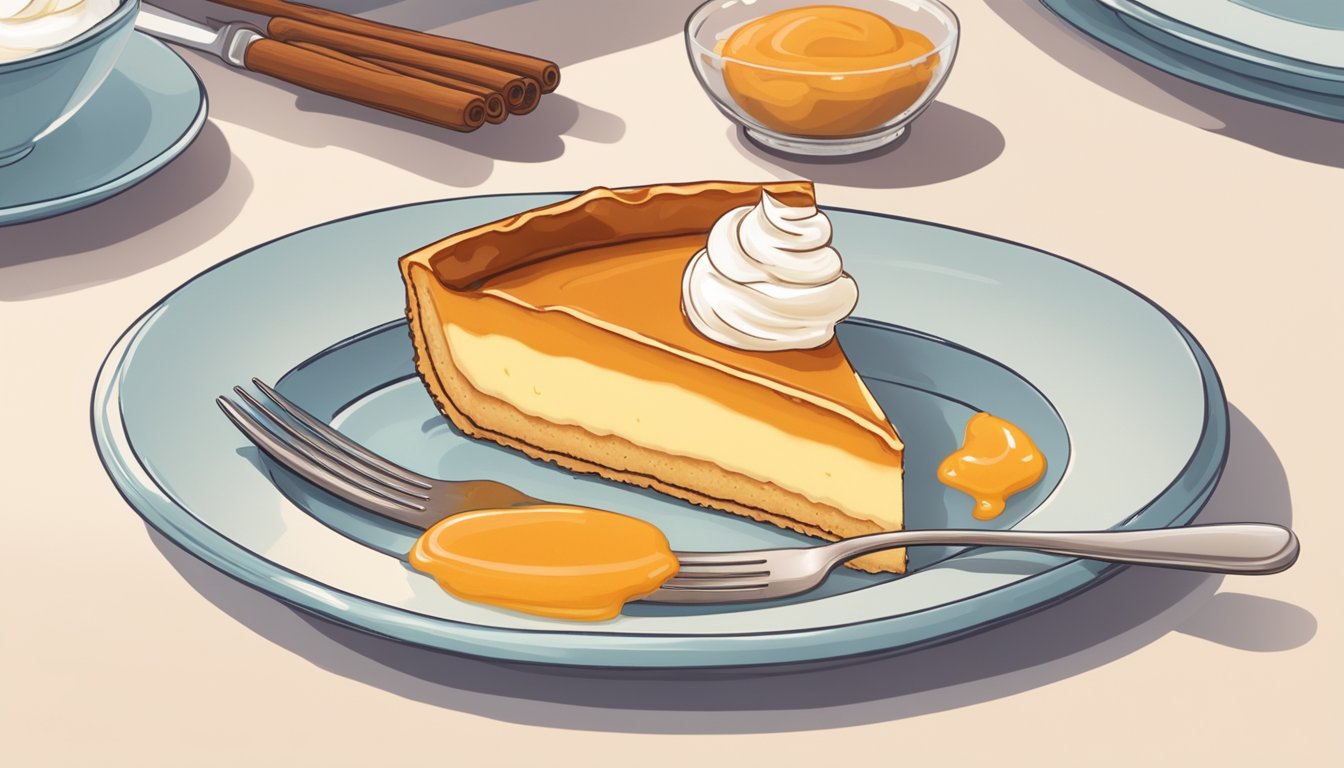 A slice of flan sits on a delicate plate, adorned with a dollop of whipped cream and a sprinkle of cinnamon. A fork hovers nearby, ready to dive into the creamy dessert