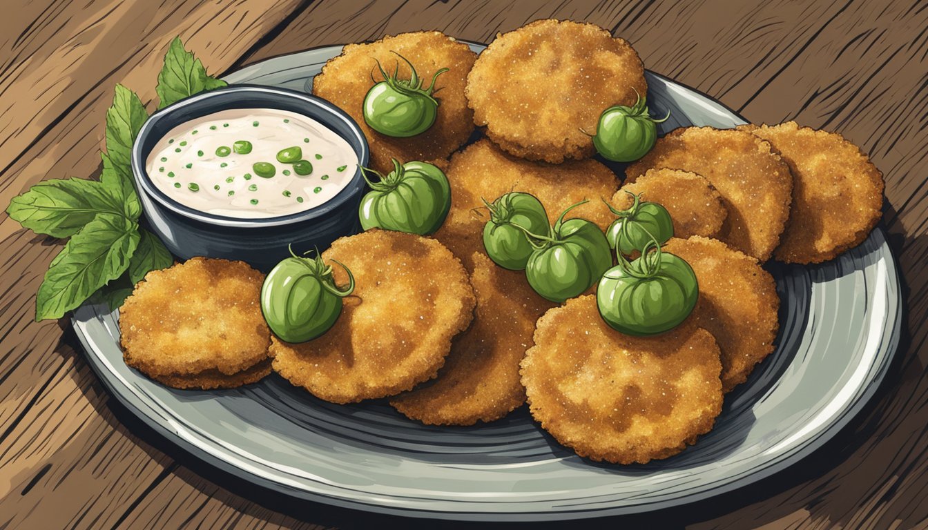 A plate of fried green tomatoes sits on a rustic wooden table, garnished with a sprinkle of salt and a dollop of creamy dipping sauce