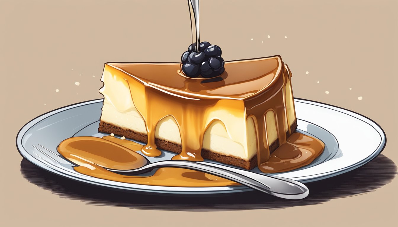 A slice of flan being delicately lifted with a fork, creamy caramel sauce dripping down the sides. A spoon rests nearby