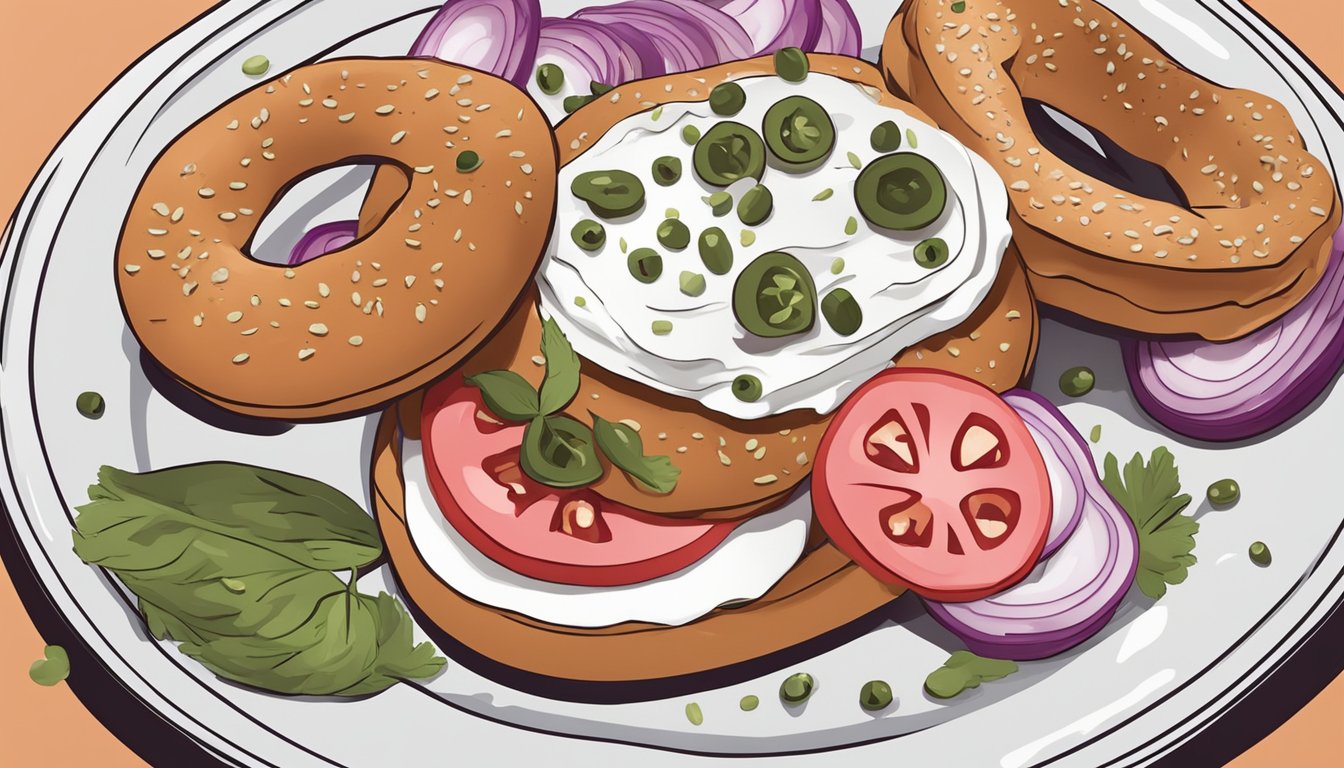 A bagel topped with lox and cream cheese, accompanied by sliced tomatoes, red onions, and capers on a plate