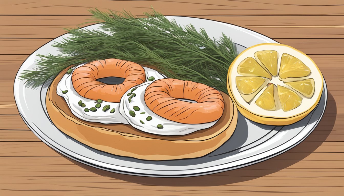 A bagel topped with lox, cream cheese, capers, and red onion on a wooden cutting board next to a plate with a lemon wedge and a sprig of dill