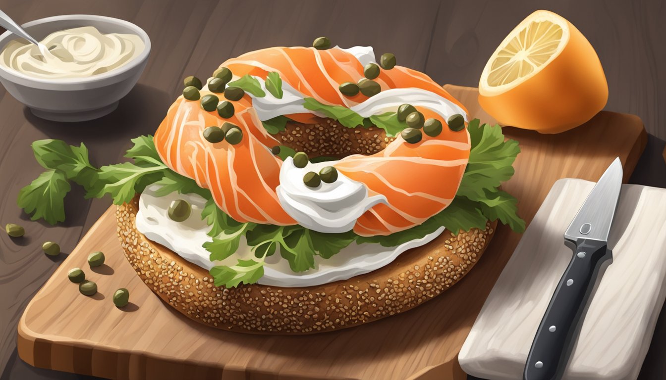 A bagel topped with cream cheese, lox, capers, and onions on a wooden board with a knife