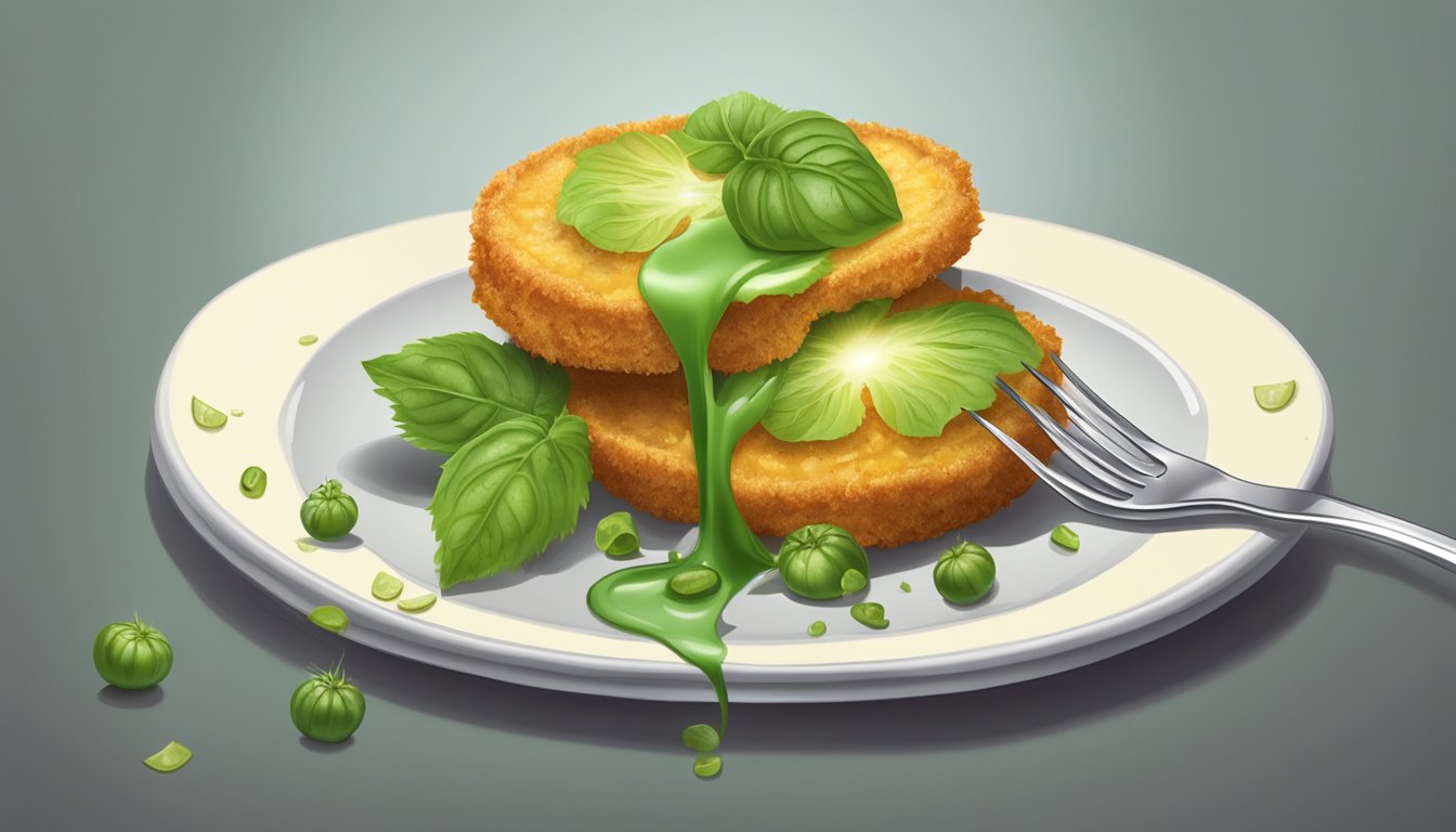 A fork piercing a fried green tomato, lifting it from a plate