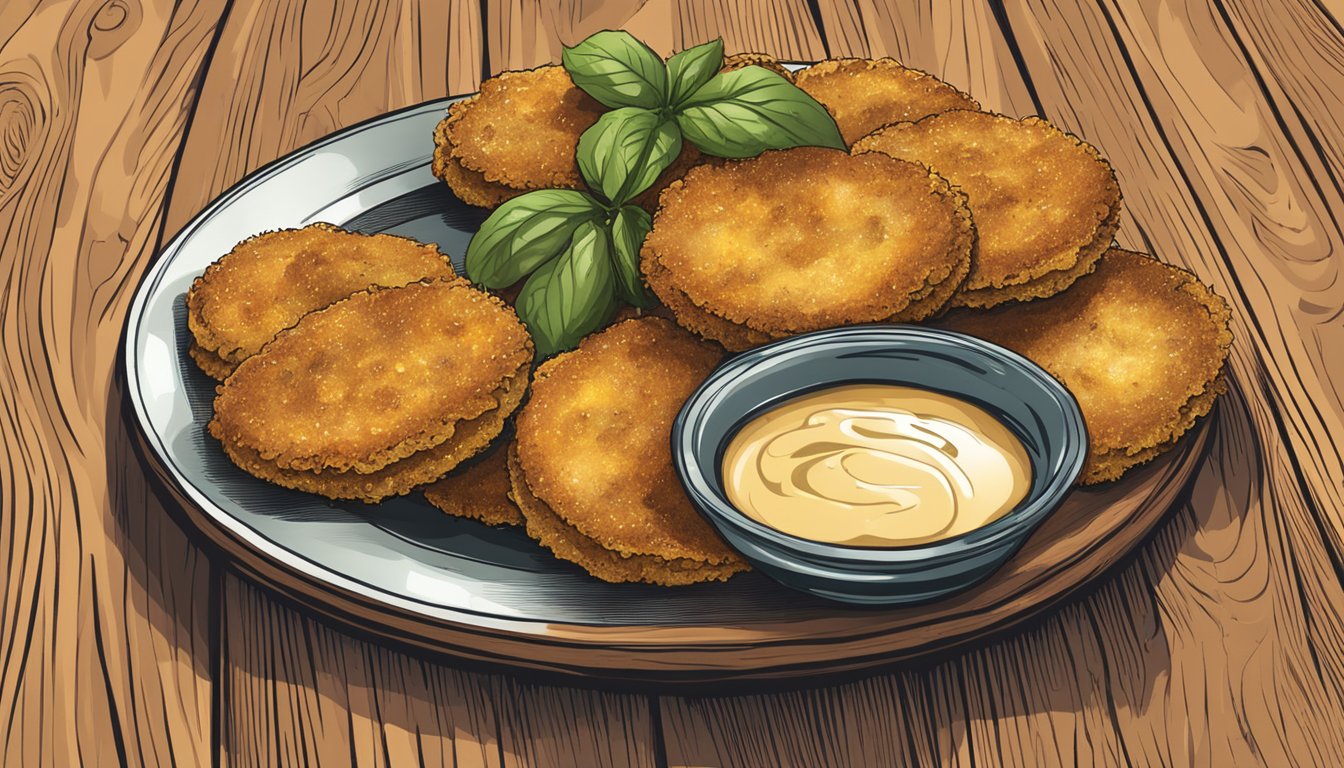 A plate of golden brown fried green tomatoes with a side of dipping sauce on a rustic wooden table