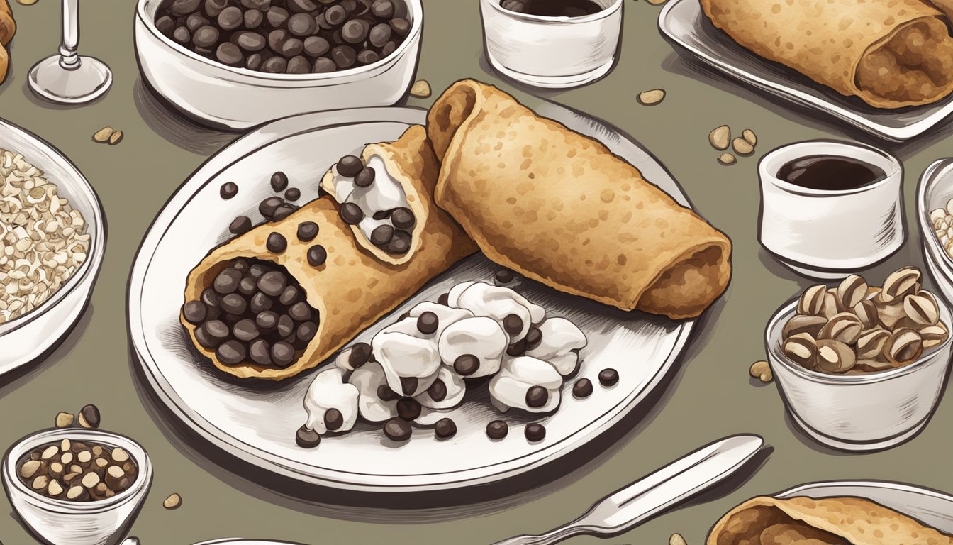 A table set with cannoli ingredients and a partially eaten cannoli