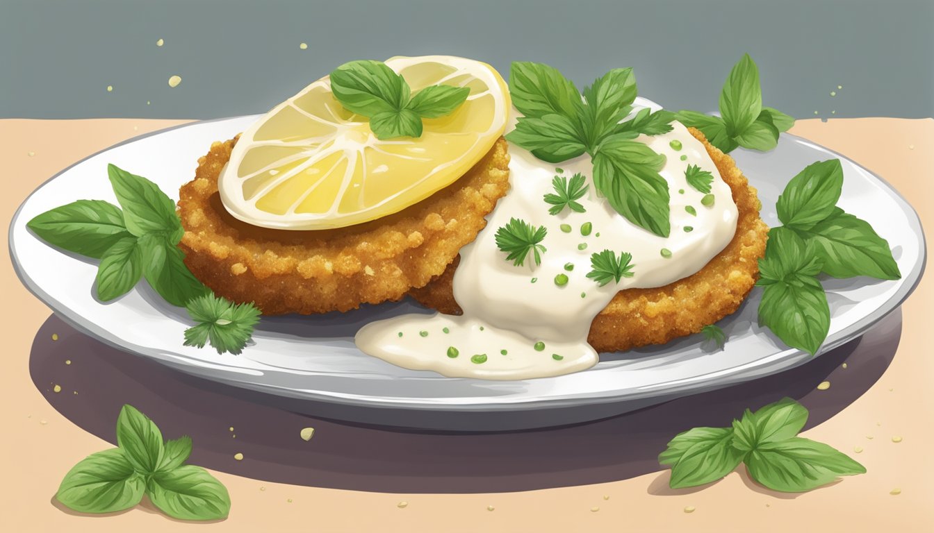 A plate with a fried green tomato topped with a dollop of creamy sauce, surrounded by a sprinkle of fresh herbs and a wedge of lemon