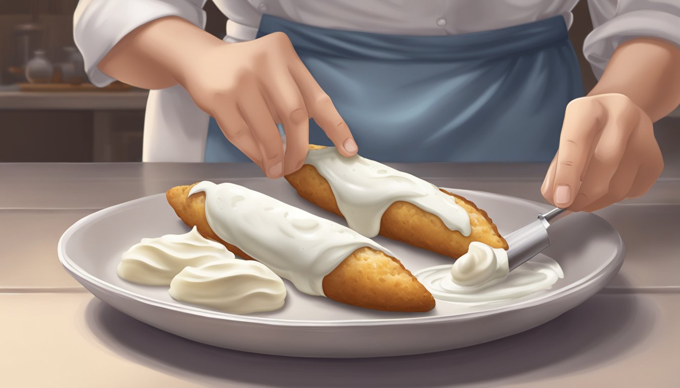 A pastry chef fills a cannoli shell with creamy ricotta mixture using a piping bag