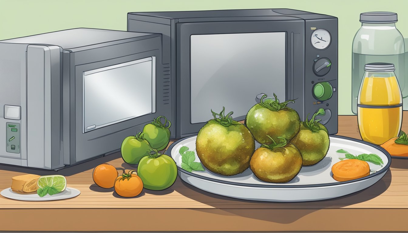 A plate with a fried green tomato, surrounded by various containers for storing leftovers and a microwave for reheating