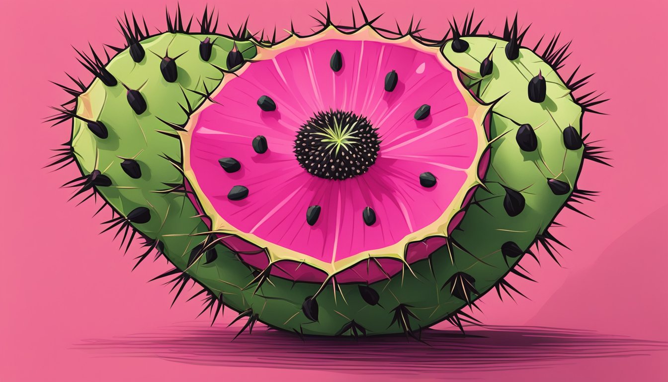 A cactus pear sliced open, revealing juicy pink flesh and tiny black seeds, surrounded by prickly green skin and spiky thorns