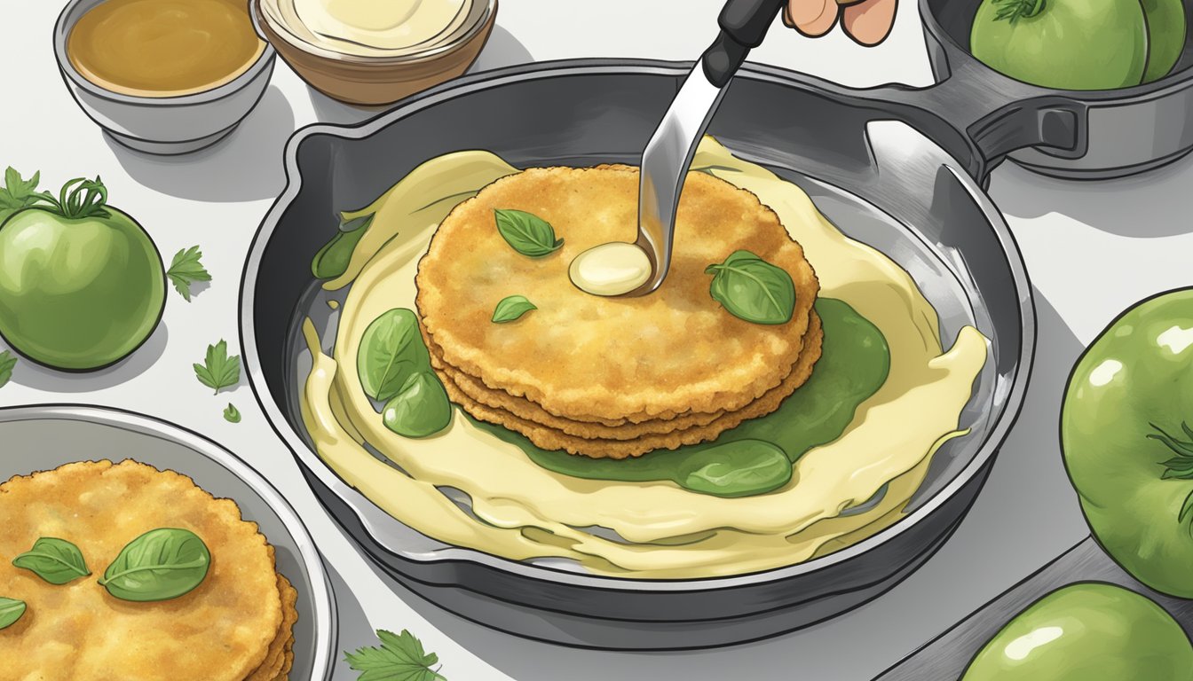 A fried green tomato is being sliced and dipped in batter before being fried in a skillet