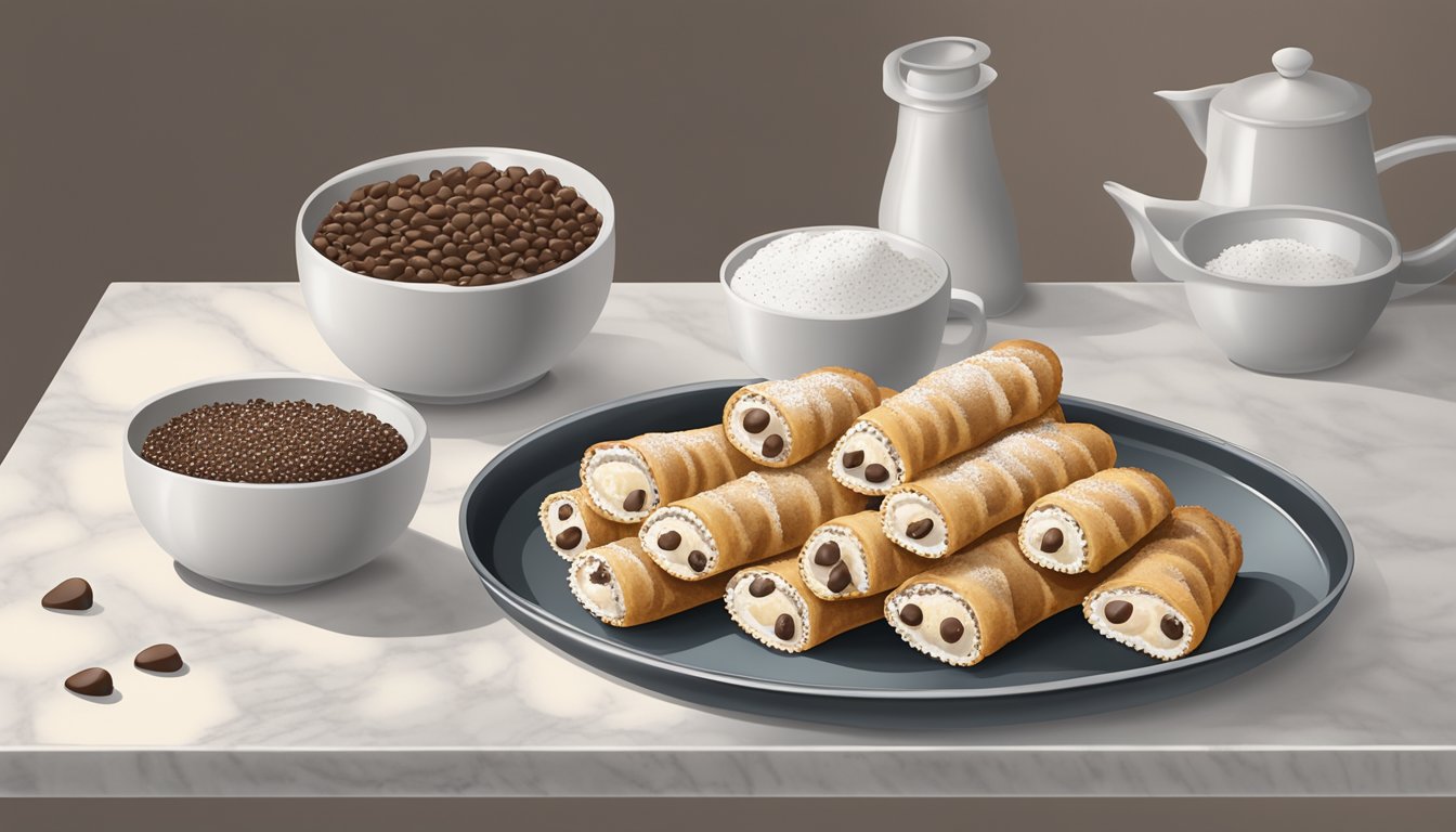 A tray of cannoli lined up on a marble countertop, with a small dish of powdered sugar and a bowl of chocolate chips nearby