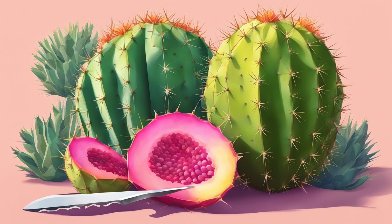 A cactus pear being sliced open with a knife, revealing the juicy flesh inside, surrounded by prickly cactus plants