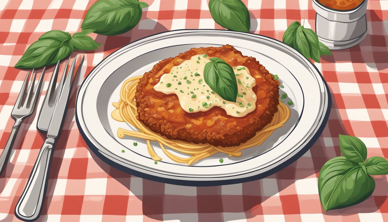 A plate of veal parmesan sits on a checkered tablecloth, surrounded by a fork and knife. A sprinkle of fresh basil and melted cheese tops the golden brown cutlet