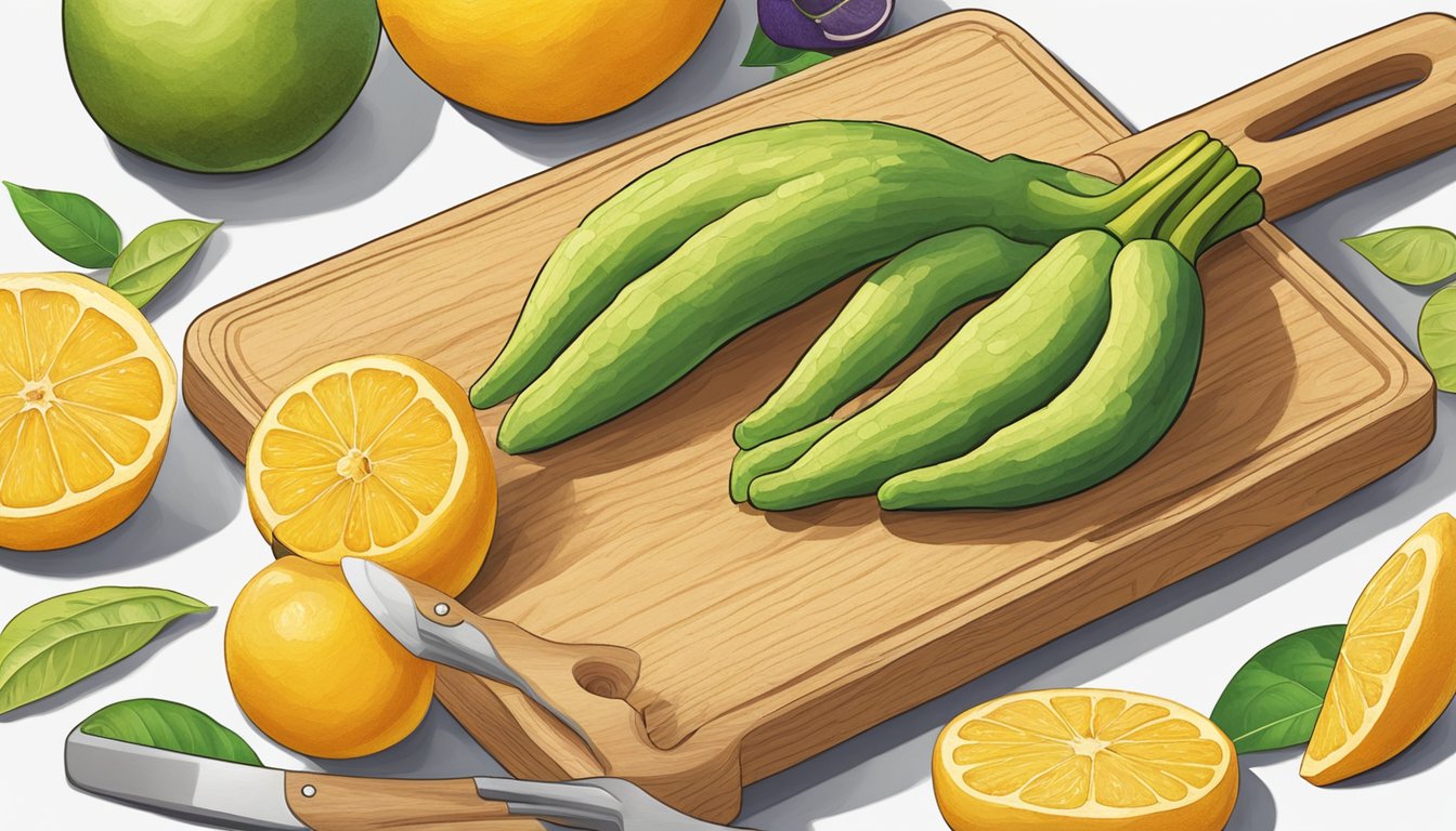 A Buddha's hand fruit rests on a wooden cutting board surrounded by various kitchen utensils. The fruit's yellow, finger-like segments give off a fragrant citrus aroma