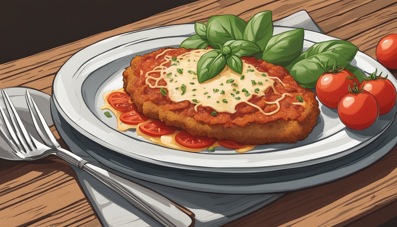 A plate of veal parmesan sits on a rustic wooden table, surrounded by fresh basil leaves, ripe tomatoes, and a wedge of parmesan cheese