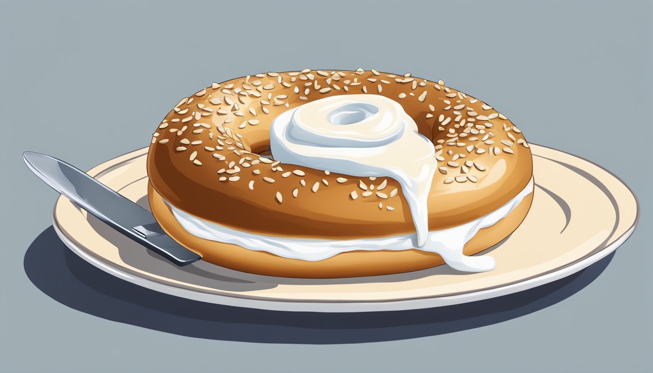 A bagel with cream cheese sits on a plate, with a knife spreading cream cheese on the bagel