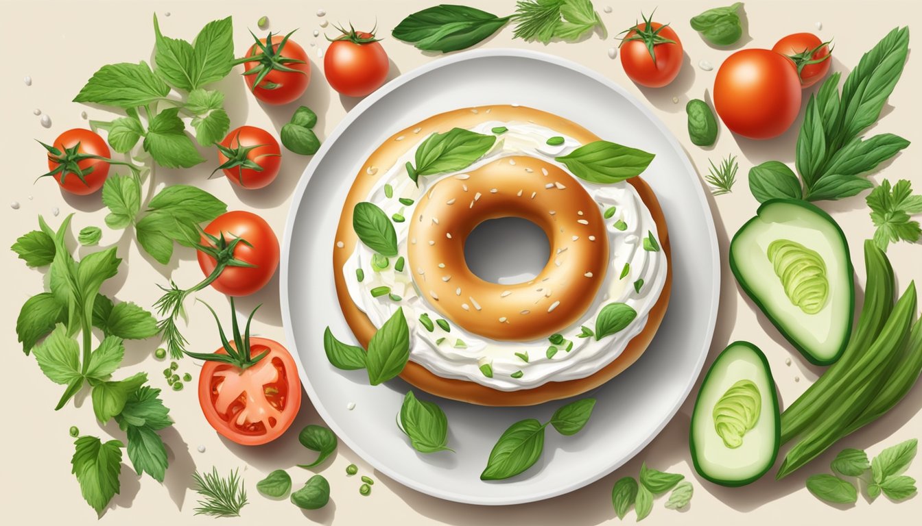 A bagel with cream cheese on a plate, surrounded by fresh ingredients like tomatoes, cucumbers, and herbs