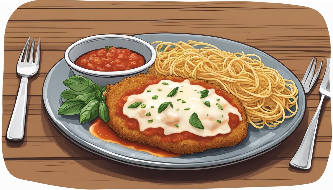 A plate of veal parmesan with a golden-brown breaded cutlet topped with marinara sauce and melted mozzarella cheese, served alongside a side of spaghetti