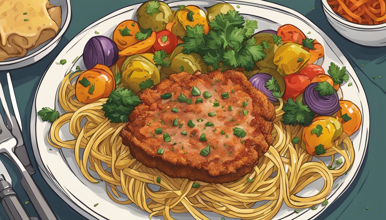 A plate of veal parmesan surrounded by a colorful array of roasted vegetables and a side of spaghetti, with a sprinkle of fresh herbs on top