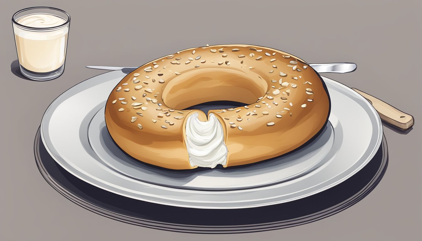 A bagel with cream cheese sits on a plate, with a knife nearby