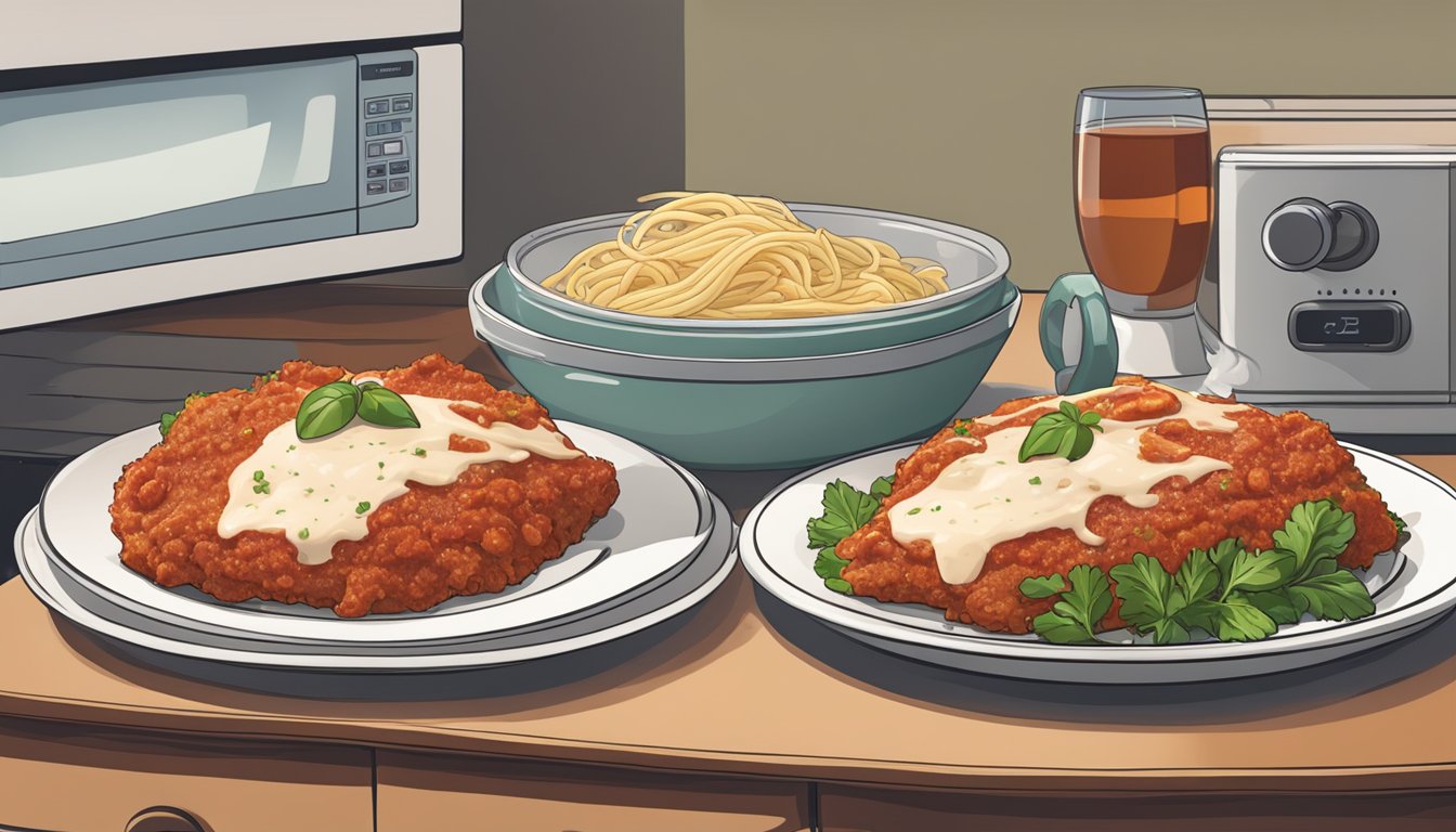 A plate of veal parmesan sits on a table next to a microwave and a container for storing leftovers