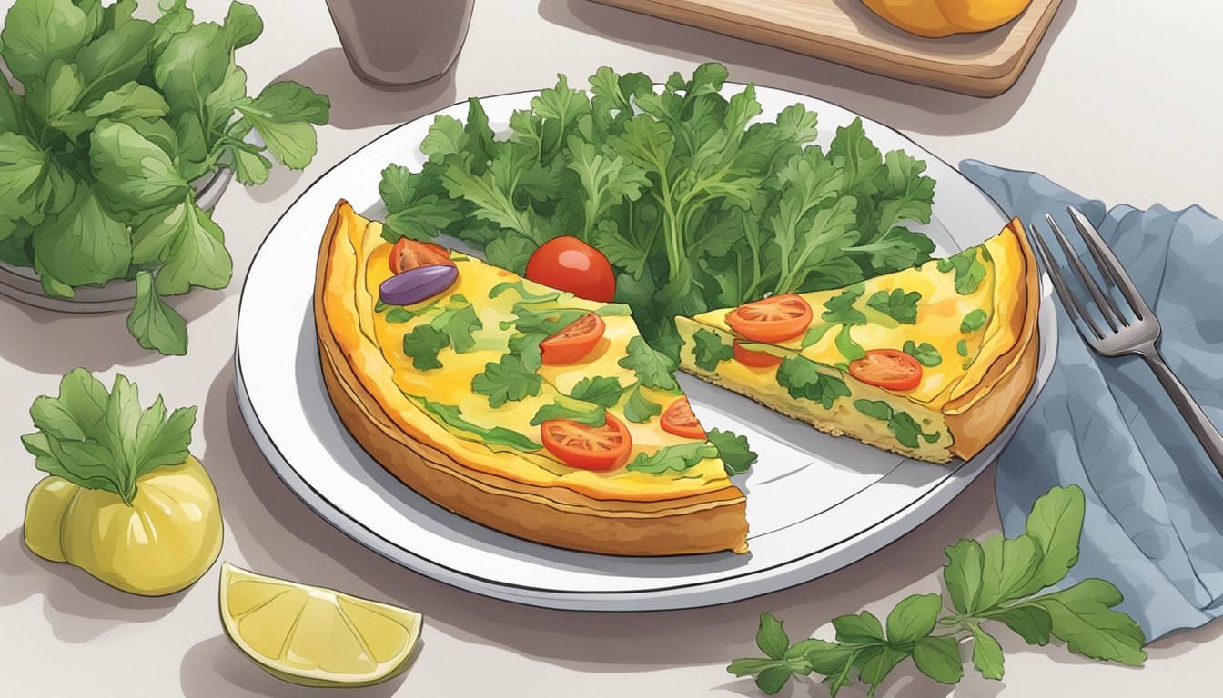 A plate with a colorful frittata, surrounded by fresh herbs and a side of mixed greens. A fork is positioned next to the plate