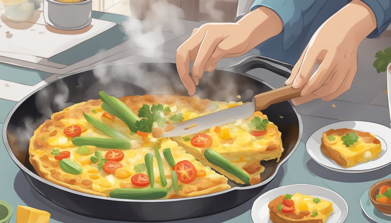 A person slicing into a golden-brown frittata filled with colorful vegetables and cheese, with steam rising from the fluffy eggs