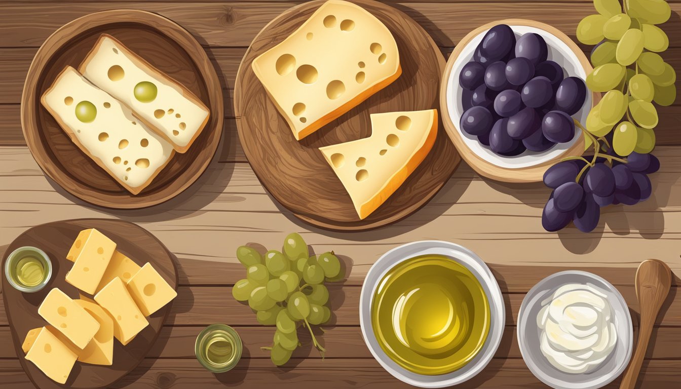 A rustic wooden table set with a sliced baguette, a small bowl of olive oil, a plate of assorted cheeses, and a bunch of grapes