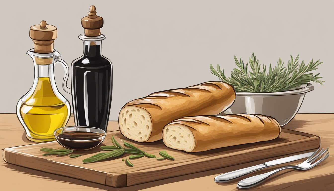 A baguette sits on a wooden cutting board, surrounded by a bowl of olive oil and balsamic vinegar. A small dish of herbs and spices is nearby