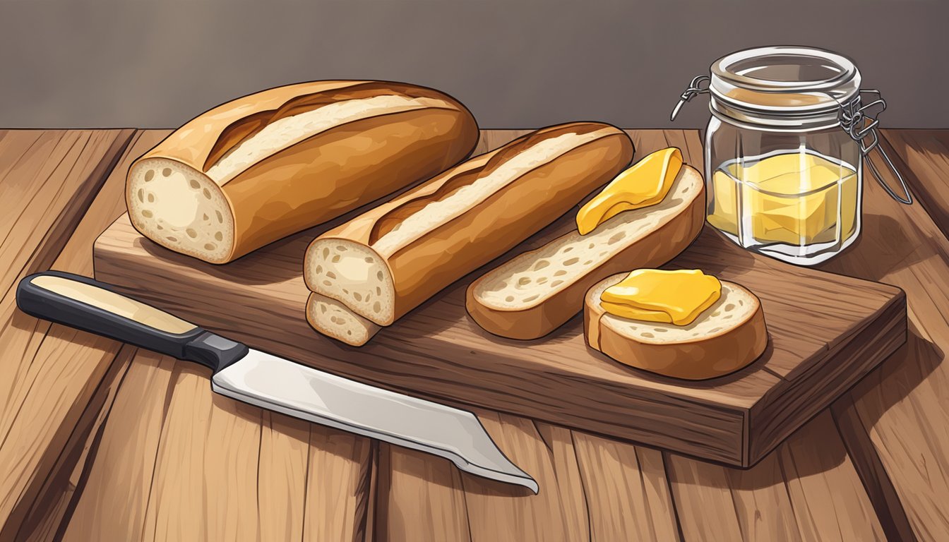 A baguette on a rustic wooden cutting board, sliced diagonally, with a dollop of butter and a jar of jam nearby